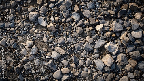 Dirt, terrain or gravel stone road surface pattern in outdoor environmental. Background and textured photo. 