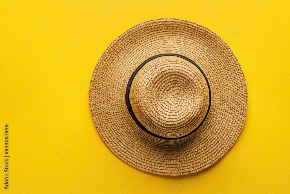 Straw hat on bright yellow background top view flat lay