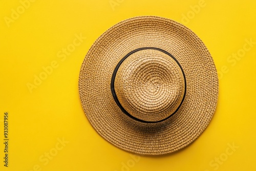 Obraz na płótnie Straw hat on bright yellow background top view flat lay w salonie