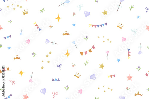 Children's toys and flags on a seamless background. Small golden crowns and cute hearts, stars and bows nearby. Watercolor illustration in digital. Baby clipart, pattern isolated on white background.