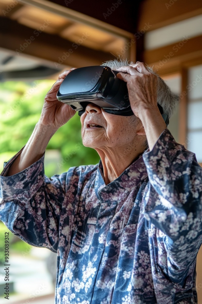 Elderly Japanese man using VR goggles, hands adjusting the headset, slightly lifted in awe. Elderly Japanese man using VR goggles, hands adjusting the headset, slightly lifted in awe.