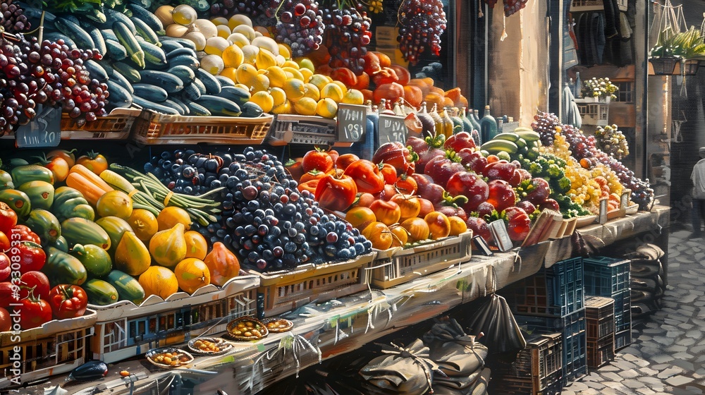 Obraz premium Bustling market stall laden with colorful produce, each fruit and vegetable detailed in rich oil paint, vibrant and full of energy, hand brush painted