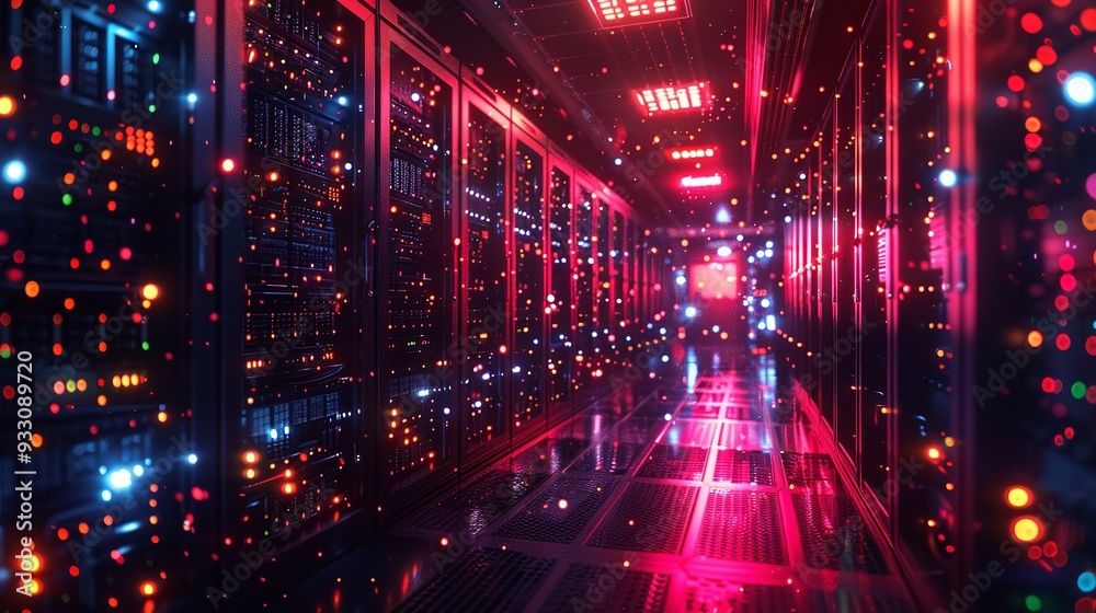 Fototapeta premium Futuristic server room with glowing neon lights. 3D rendering, Big Data Protection, Storage, Cryptocurrency Farm, Cloud Computing, Ai
