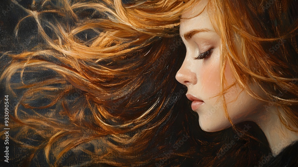 Oil painting of a woman with flowing hair, close-up, intricate brushstrokes, deep shadows, and highlights, classical realism, soft and detailed finish. Oil painting of a woman with flowing hair, close-up, intricate brushstrokes, deep shadows, and highlights, classical realism, soft and detailed finish.