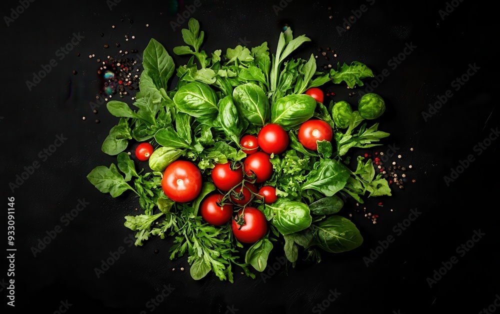 Fresh tomatoes and leafy greens arranged beautifully on a black background, perfect for culinary or health-related visuals. Fresh tomatoes and leafy greens arranged beautifully on a black background, perfect for culinary or health-related visuals.