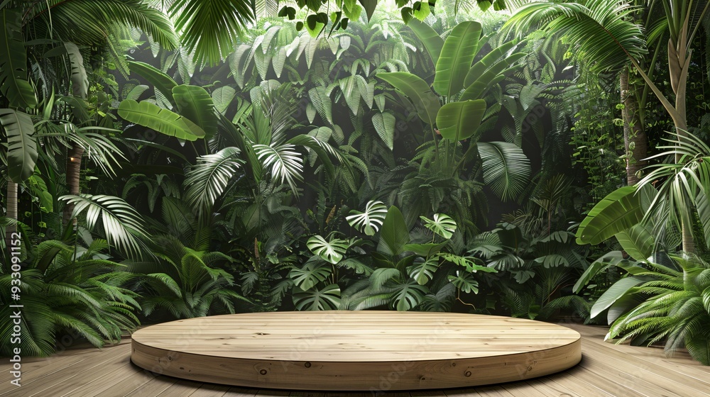 3. Wooden circular platform in tropical indoor garden, lush green foliage, palm fronds, ferns, monstera leaves, geometrical green backdrop, product display stage, jungle-inspired interior, various