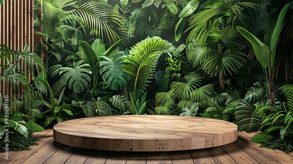 3. Wooden circular platform in tropical indoor garden, lush green foliage, palm fronds, ferns, monstera leaves, geometrical green backdrop, product display stage, jungle-inspired interior, various 3. Wooden circular platform in tropical indoor garden, lush green foliage, palm fronds, ferns, monstera leaves, geometrical green backdrop, product display stage, jungle-inspired interior, various