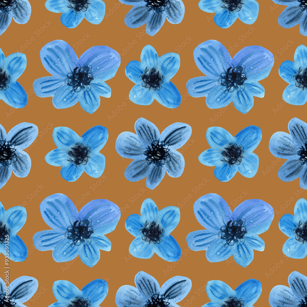 Obraz premium Watercolour blue delicate flowers illustration seamless pattern. On brown background. Hand painted floral elements. Drawn Botanical. For fabric, wallpaper, wrapping. Summer, spring vibes print decor