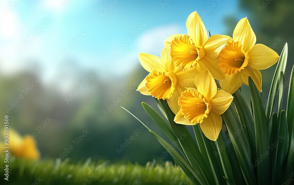 A beautiful bouquet of vibrant yellow daffodils blooming in a sunny garden under a clear blue sky. A beautiful bouquet of vibrant yellow daffodils blooming in a sunny garden under a clear blue sky.