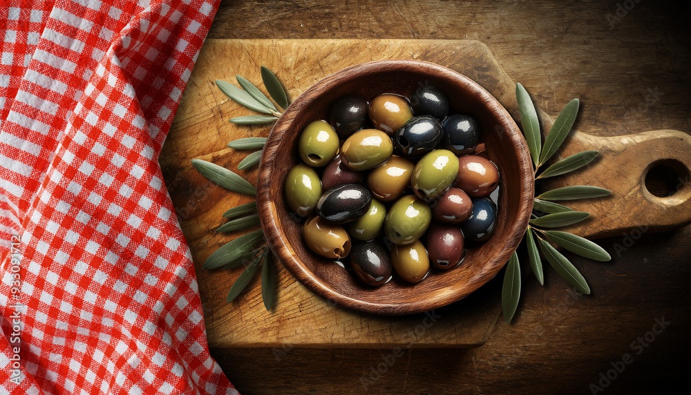 Φωτογραφία Close-up and top view of an old olive wood bowl, full of fresh green and black olives above an old wooden cutting board with a red and white checkered tablecloth on a wooden table