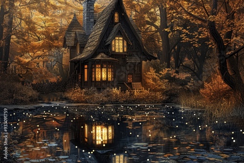 Cozy cottage in fall forest with illuminated windows and reflections in calm waterillustration photo