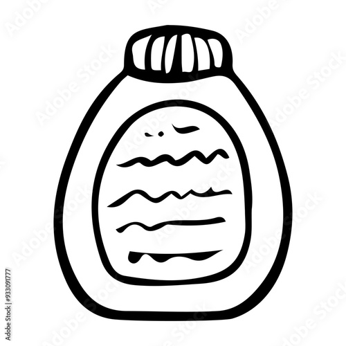 Bottle of cleaning product hand drawn doodle. Liquid soap. Cleaning dirty things at home. Laundry room. Vector outline line art illustration.