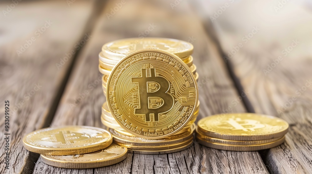 stack of gold bitcoins on wooden surface advance crypto currency technology stack of gold bitcoins on wooden surface advance crypto currency technology