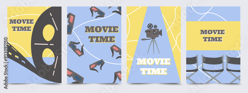 Movie events poster with type, 3d glasses, camera, cinema chair. Advertising flyer or cards for premiere film cinematography production performance night show event, flat doodle vector illustration