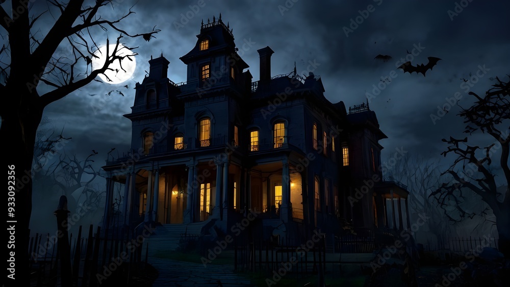 A dark and eerie Halloween night scene featuring a towering haunted mansion A dark and eerie Halloween night scene featuring a towering haunted mansion