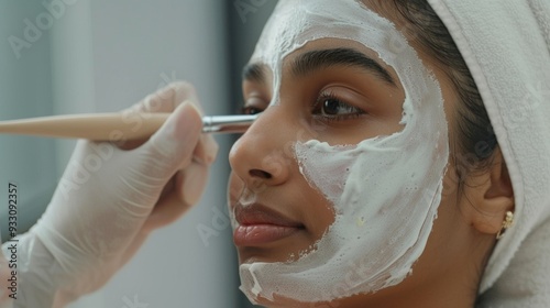 A cosmetologist enhances a client's skin with a nourishing facial treatment in a tranquil spa environment photo