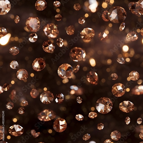 Shimmering brown crystals floating in a dark space, seamless pattern background. photo