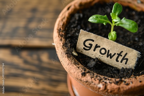 Fresh green plant sprouts in a terracotta pot with a label inscribed 'growth', symbolizing business development and personal growth