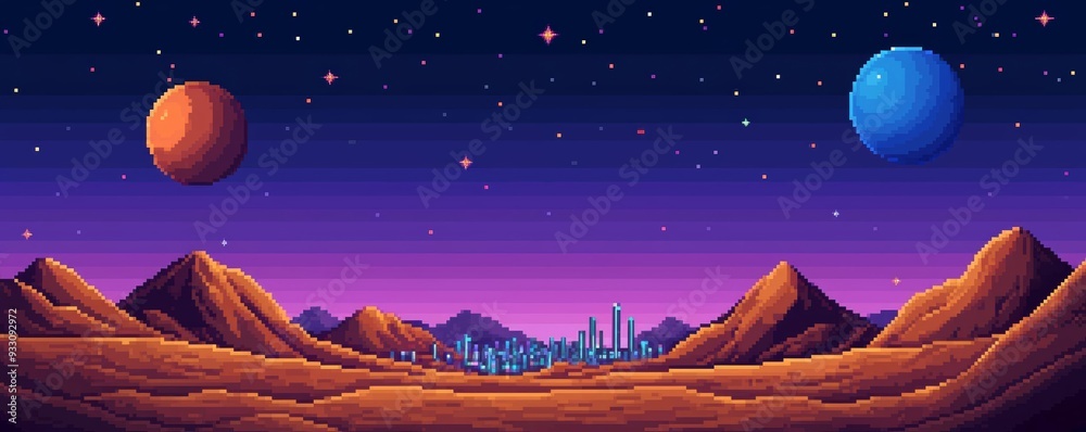 Fototapeta premium A pixel art space landscape with distant planets, stars, and a futuristic city on an alien world