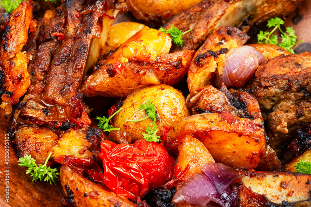 Sliced barbecue pork ribs and potatoes. Sliced barbecue pork ribs and potatoes.