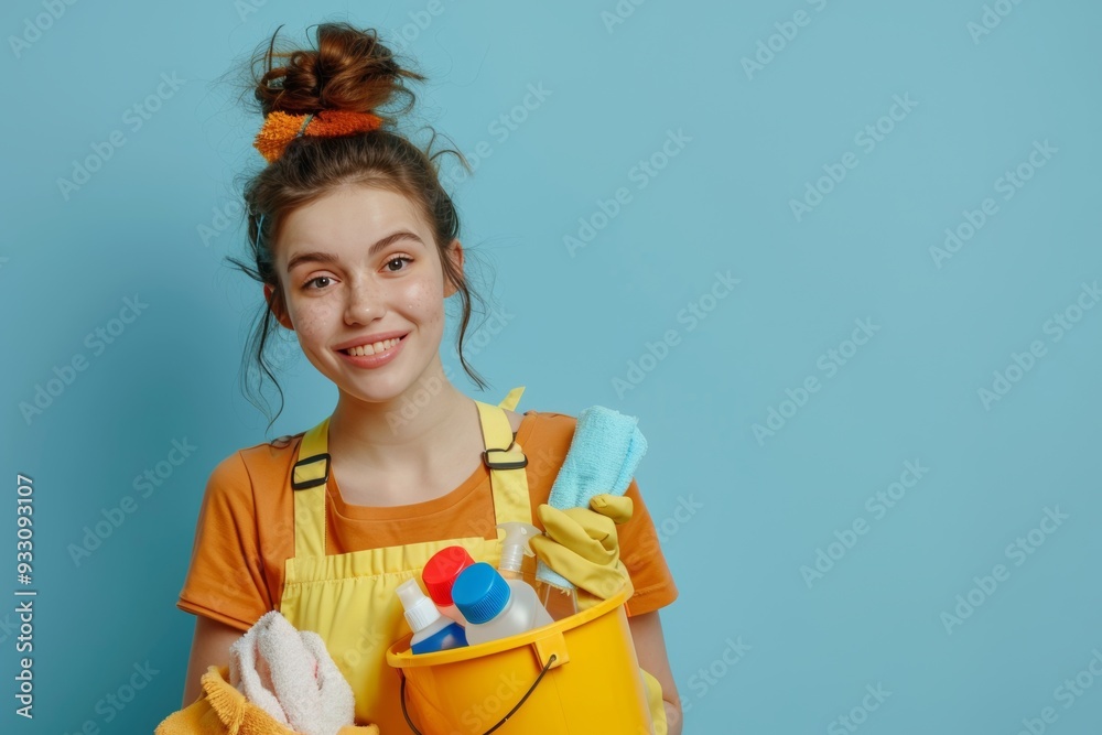 Cheerful housemaid in 20s with yellow gloves holding cleaning supplies in bucket on blue background Cheerful housemaid in 20s with yellow gloves holding cleaning supplies in bucket on blue background