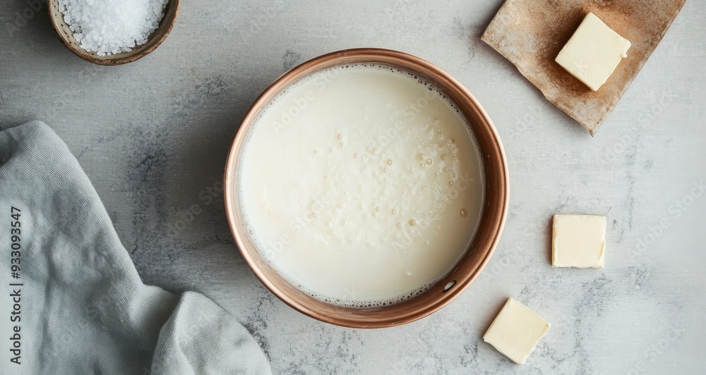 Copper saucepan filled with creamy white sauce surrounded by butter and salt for delicious cooking ingredients Copper saucepan filled with creamy white sauce surrounded by butter and salt for delicious cooking ingredients
