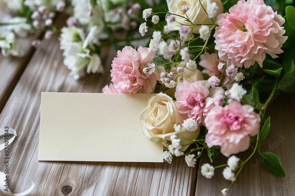 Obraz premium Elegant greeting card with heartfelt message amidst delicate pink and white flowers on a wooden background, conveying warmth and kindness