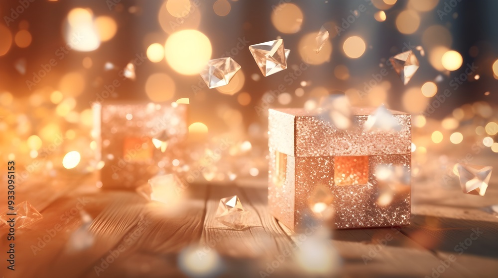 Fototapeta premium gift box with golden crystals on sparkling background. elegant and festive presentation.