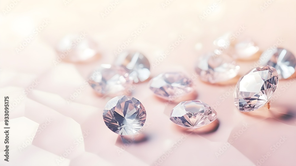 Pink diamonds scattered on reflective surface with soft pink and white gradient background. Pink diamonds scattered on reflective surface with soft pink and white gradient background.