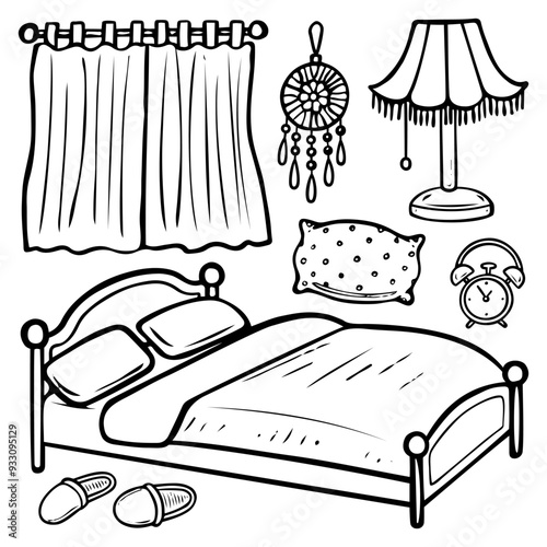 Bedroom hand drawn doodle. Bed, curtains, night light. Interior design of a sleeping room. Time to sleep. Good night. Vector outline line art illustration.