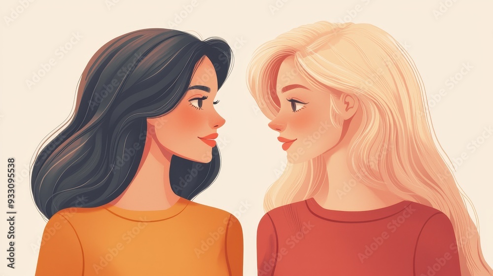 Two women smiling at each other, showcasing friendship and connection in a warm, colorful illustration. Two women smiling at each other, showcasing friendship and connection in a warm, colorful illustration.