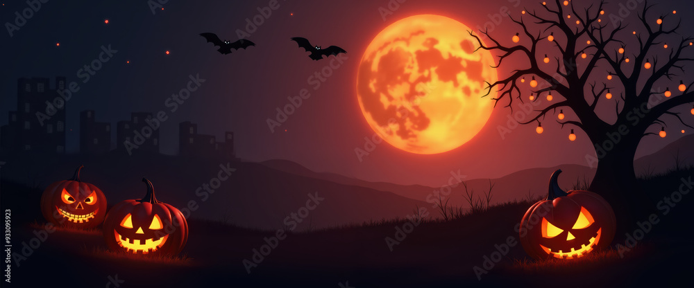 Spooky Halloween Night with Jack-o'-Lanterns and Blood Red Moon Spooky Halloween Night with Jack-o'-Lanterns and Blood Red Moon
