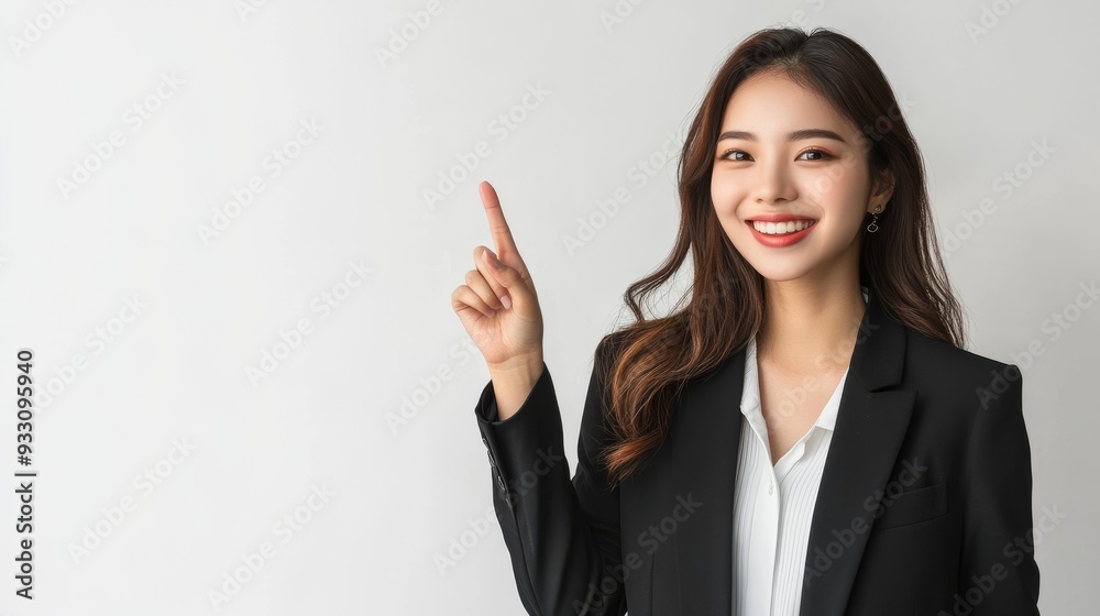 Happy young Asian business woman in blazer pointing finger up isolated on white background Happy young Asian business woman in blazer pointing finger up isolated on white background