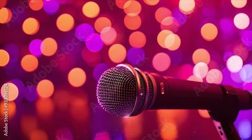 Microphone on colorful Bokeh golden purple pink background beautiful romantic or luxury glitter lights, Microphone for speech singing karaoke party, Microphones for orator press conference, Microphone