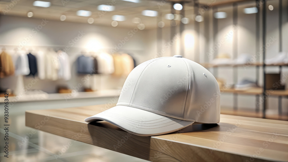 Blank White Baseball Cap Mockup on Wooden Shelf in Store. Cap design mock up Blank White Baseball Cap Mockup on Wooden Shelf in Store. Cap design mock up