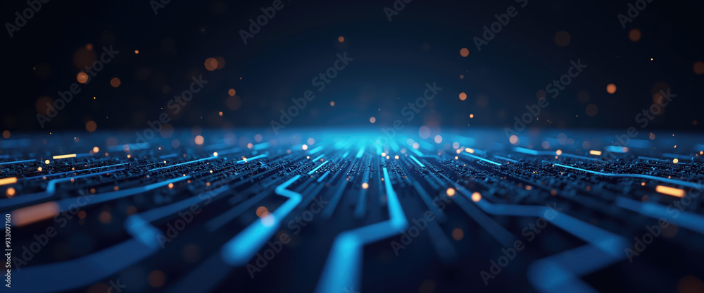 Obraz premium Abstract circuit board - future technology, data, connection, digital futuristic digital neon blue and orange lines