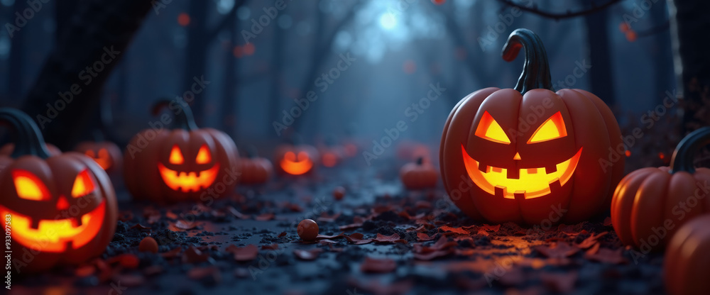 Spooky Halloween Jack-o'-Lanterns in a Dark Forest - 3D Illustration Spooky Halloween Jack-o'-Lanterns in a Dark Forest - 3D Illustration