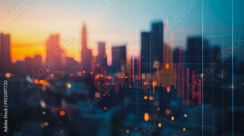 Abstract business team stands on the peak of success amid tall  innovative Smart city and graphs with statistics to analyze business potential and predict future developments in company growth.