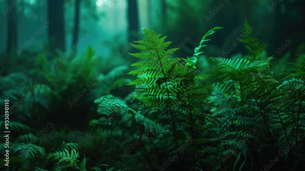 Enchanting green ferns in a forest at night. Mystical and magical forest scene. Green ferns in a midsummer night forest. Enchanting green ferns in a forest at night. Mystical and magical forest scene. Green ferns in a midsummer night forest.
