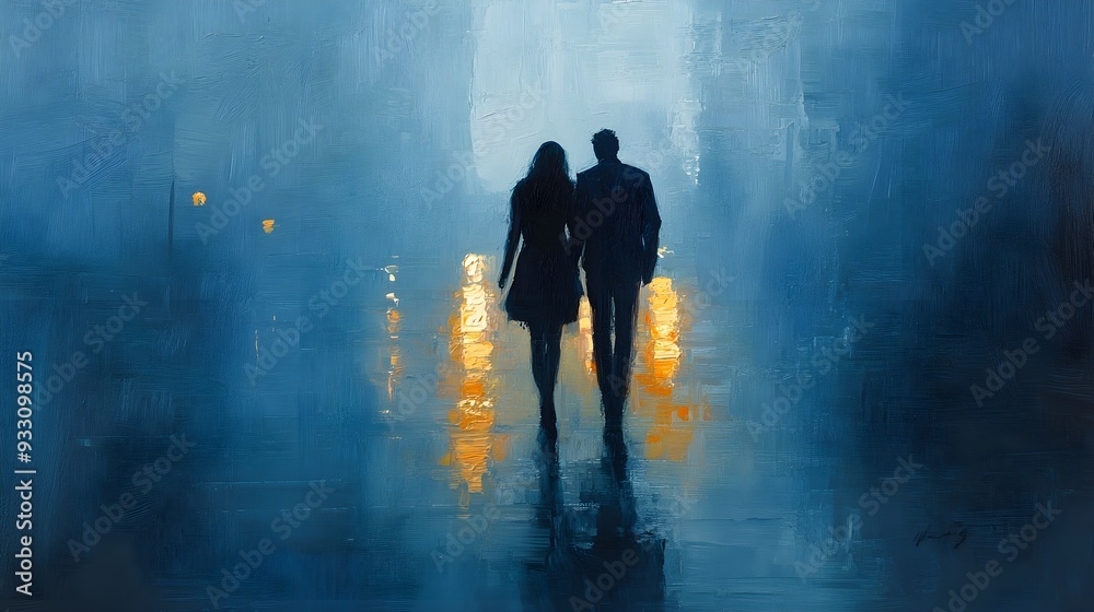 Lovers walk through a misty rain-soaked street, glowing reflections on the ground, oil painting, soft brushstrokes, muted tones, intimate mood, expressive style Lovers walk through a misty rain-soaked street, glowing reflections on the ground, oil painting, soft brushstrokes, muted tones, intimate mood, expressive style