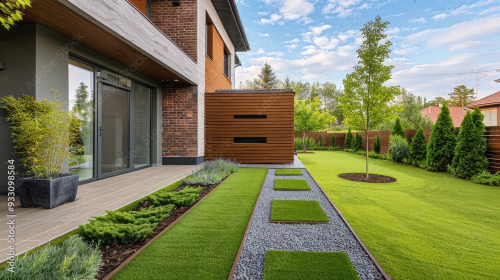 Modern house with lawn turf and wooden edging in front yard. Modern house with lawn turf and wooden edging in front yard.