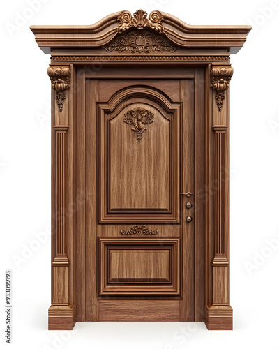 Classic wooden framed door isolated on white background