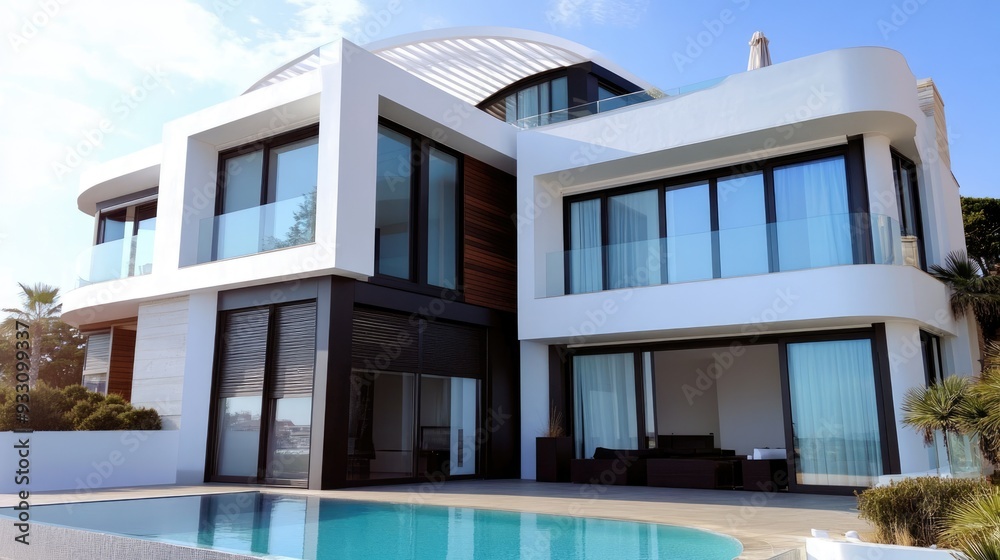 A beautiful modern house in Spain with large, white plastic windows, viewed from the outside A beautiful modern house in Spain with large, white plastic windows, viewed from the outside