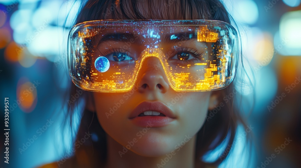 A person wearing VR glasses interacts with a digital world, showcasing a focused expression amidst colorful reflections and futuristic ambiance. A person wearing VR glasses interacts with a digital world, showcasing a focused expression amidst colorful reflections and futuristic ambiance.