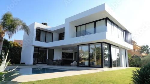 A beautiful modern house in Spain with large, white plastic windows, viewed from the outside