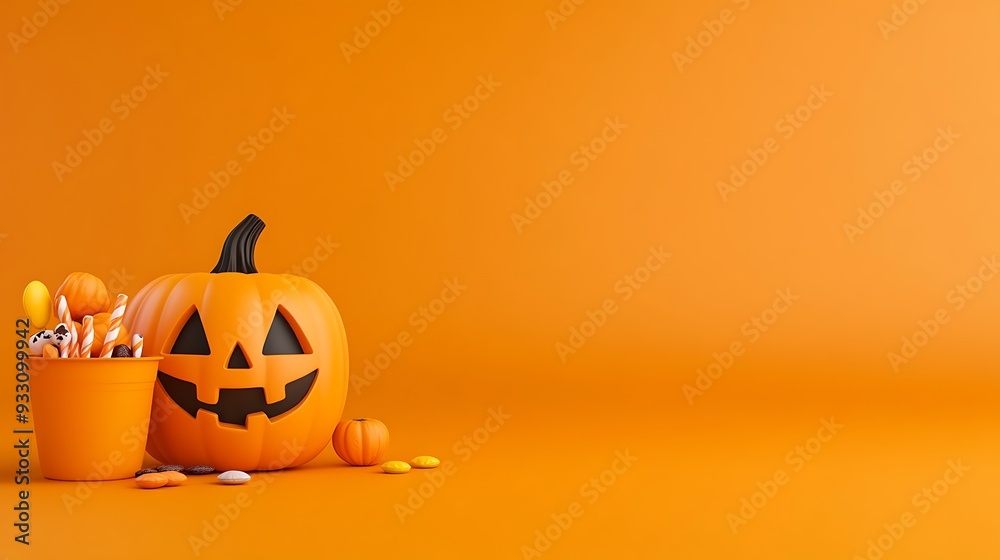 Halloween-themed image with a carved pumpkin and a bucket of candy on an orange background. Perfect for festive and holiday decorations. Halloween-themed image with a carved pumpkin and a bucket of candy on an orange background. Perfect for festive and holiday decorations.