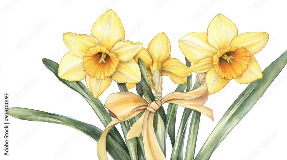 Obraz premium Hand painted watercolor illustration of yellow narcissus with a bow Spring flower artwork showcasing botanical daffodils for typography prints and designs