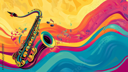 Pop art 60s psychedelic colorful trippy retro style image of jazzy saxophone with music coming out of it in waves in music dance party atmosphere background with copy space