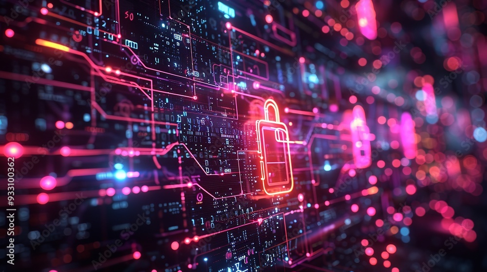 Digital security technology, holograph of lock on network circuit board, cyber protection concept Digital security technology, holograph of lock on network circuit board, cyber protection concept