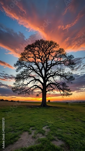 A serene silhouette of a lone tree against a colorful sunset sky, hdr style 